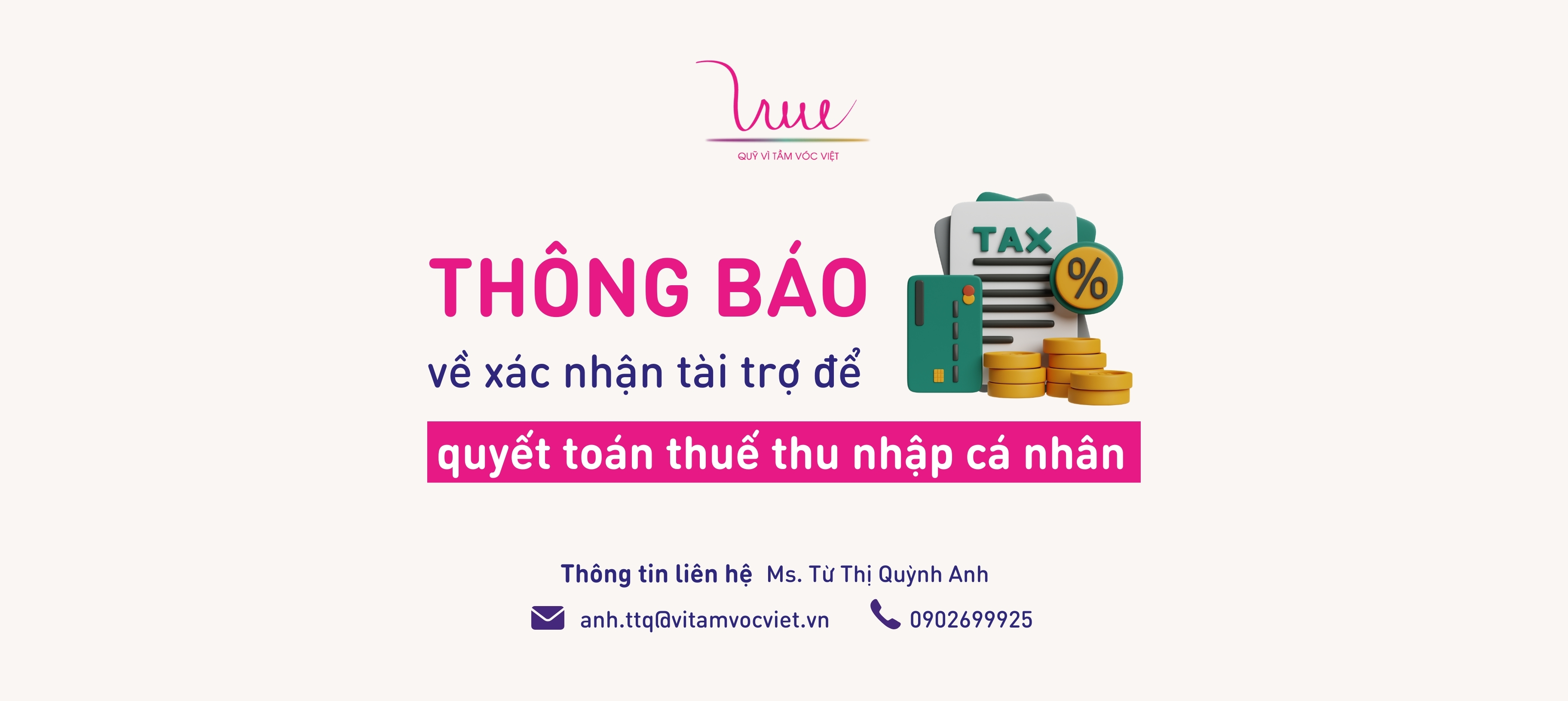 Thông báo của Quỹ Vì Tầm Vóc Việt về xác nhận tài trợ để quyết toán thuế thu nhập cá nhân